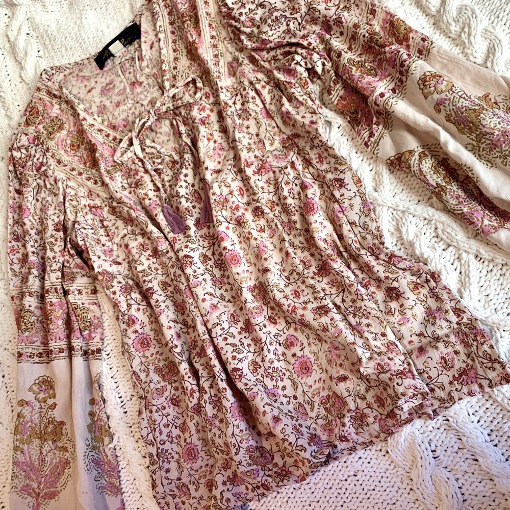 {Blue Rain} Long Sleeve Boho Front Tie Top
